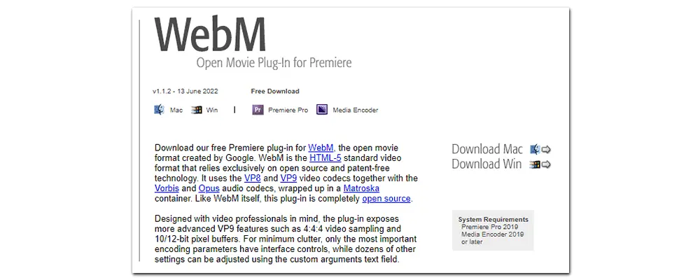 WebM format for Adobe  Premiere Pro