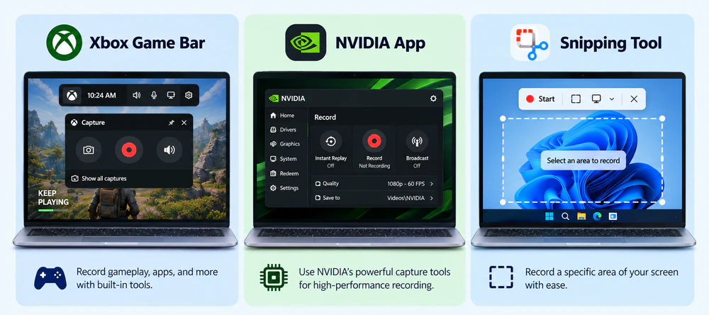 Xbox Game Bar, NVIDIA App, and Snipping Tool