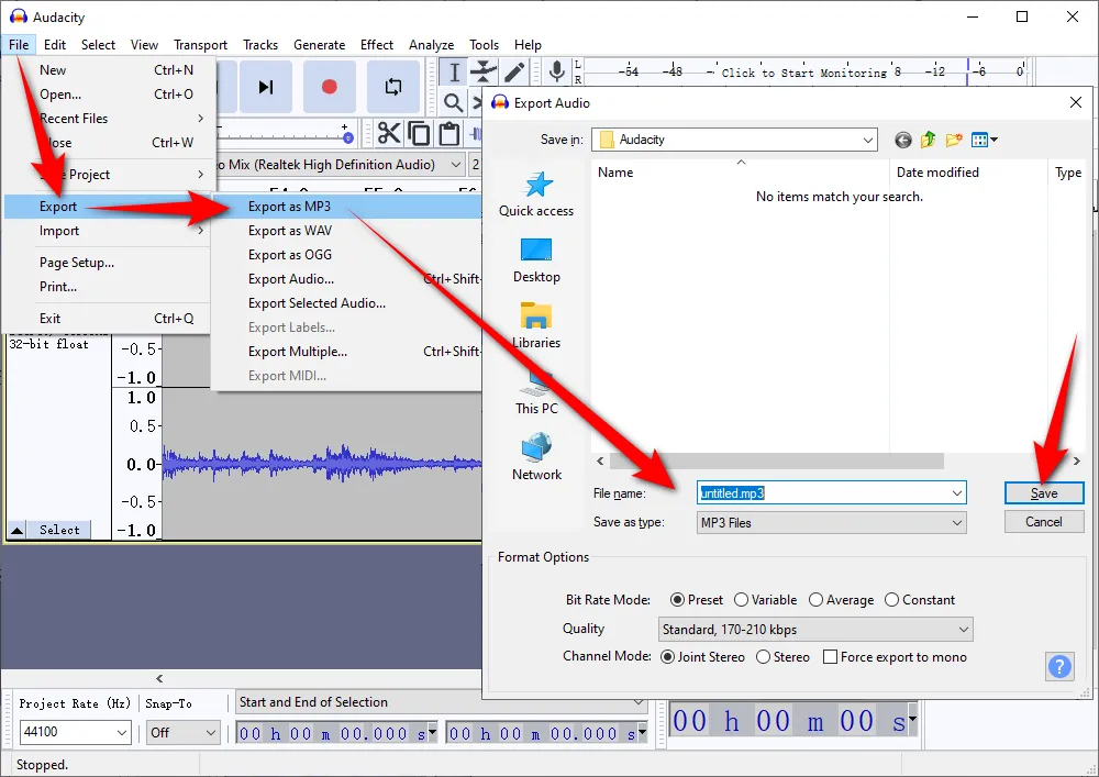 Export TuneIn Radio Recording with Audacity