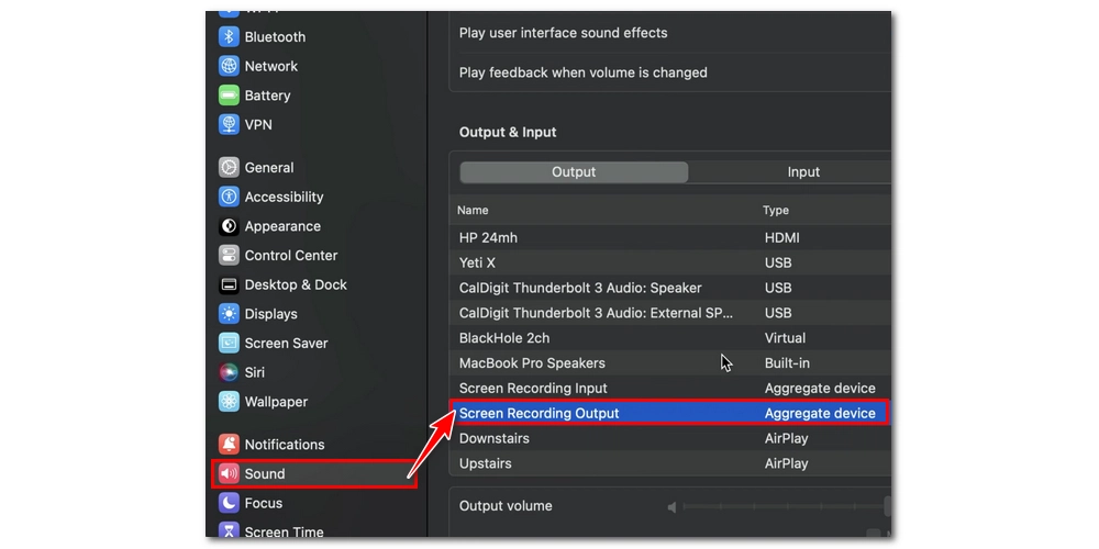 Select Screen Recording Output