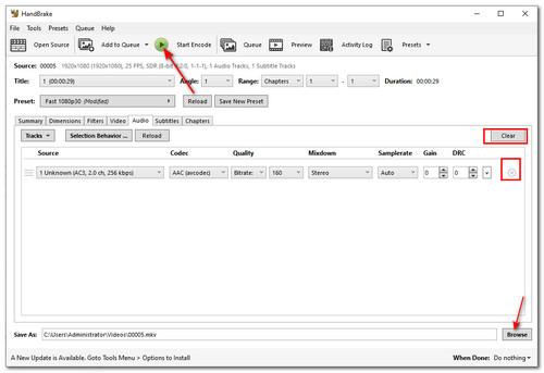 Remove audio tracks on MKV with HandBrake