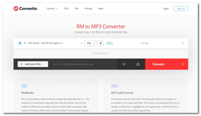Convert RM to MP3 with Convertio