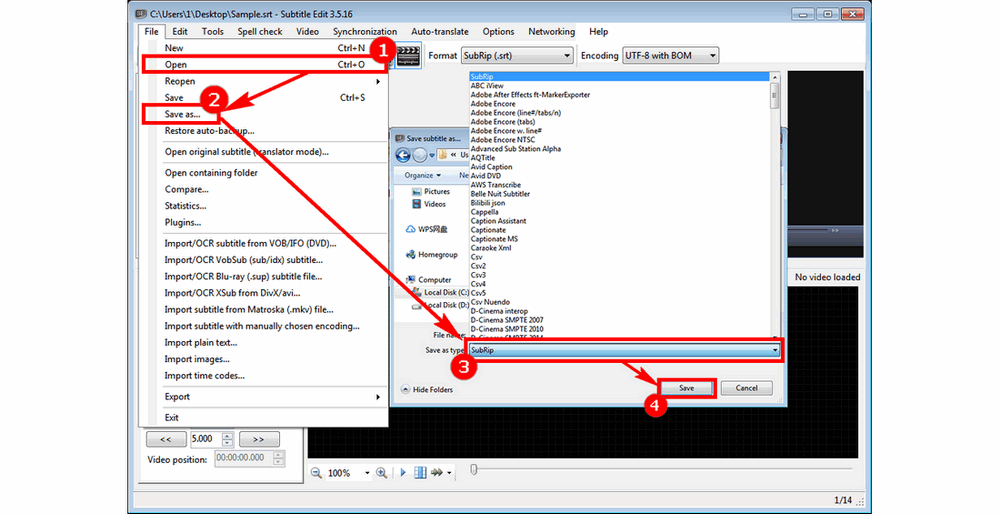 Use Subtitle Edit as an .sbv to .srt Converter 