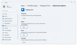 Repair or reset Snipping Tool in Windows 11 Settings
