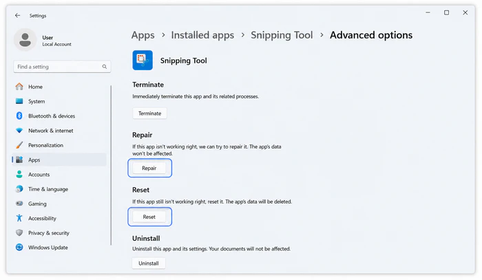 Repair or reset Snipping Tool in Windows 11 Settings