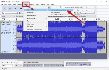 Audacity for stereo audio to mono audio conversion