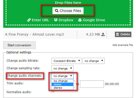 Using an online converter to split mono from stereo