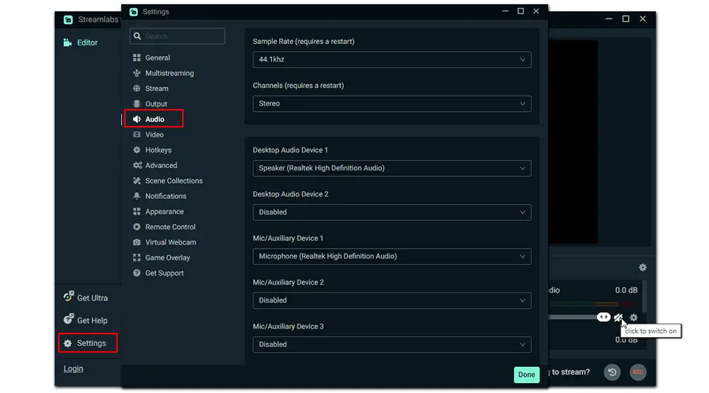 Check Audio Settings in Streamlabs OBS