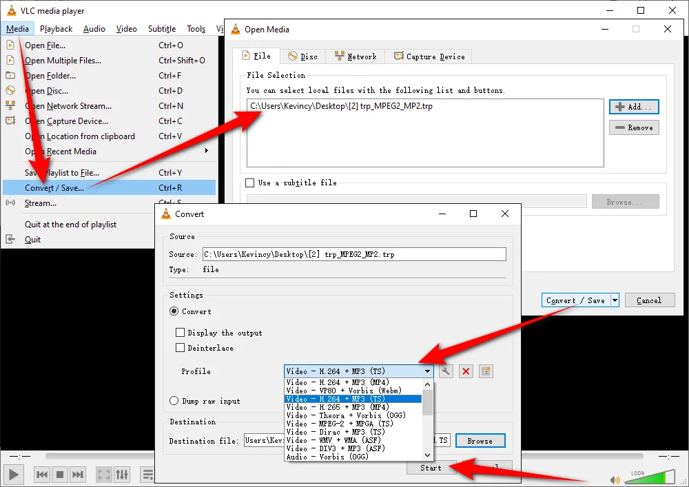 Convert TRP to TS with VLC