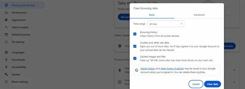 Clear cache and cookies