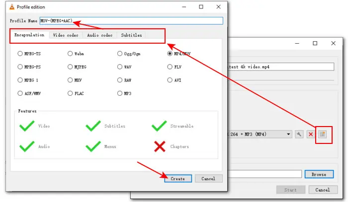 Create MOV Output Profile in VLC