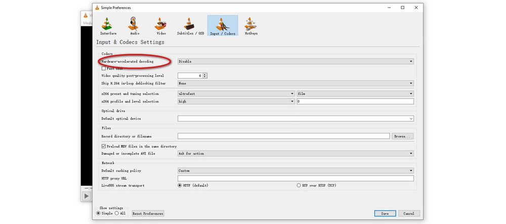 Disable hardware accelerated decoding