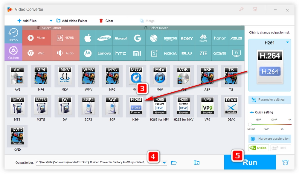 Select the output format and start the conversion 