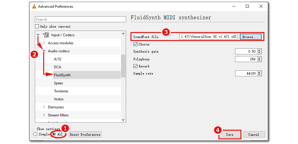 Configure FluidSynth VLC