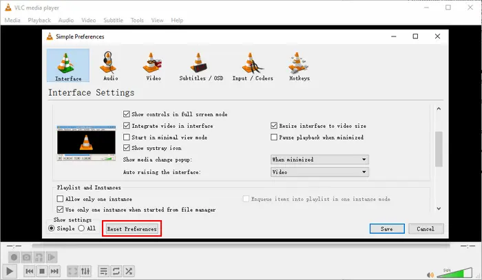 Reset VLC Preferences