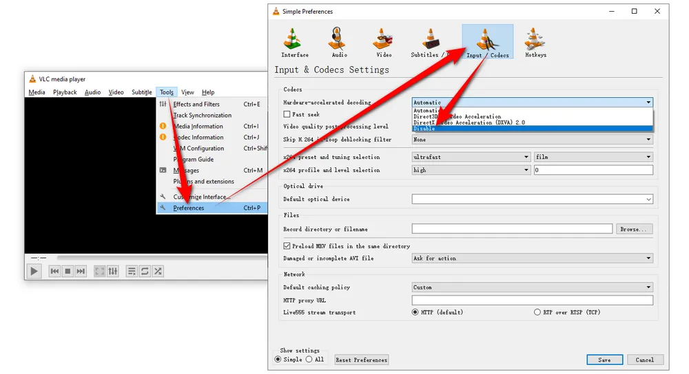 Disable VLC Hardware-Accelerated Decoding