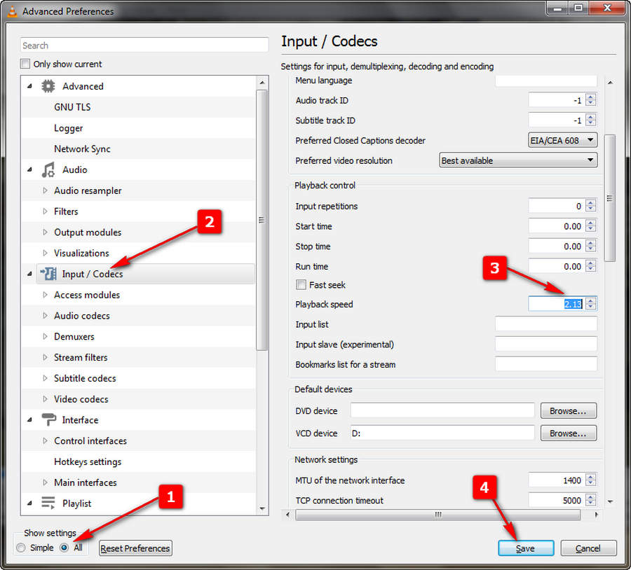 VLC Default Playback Speed Settings