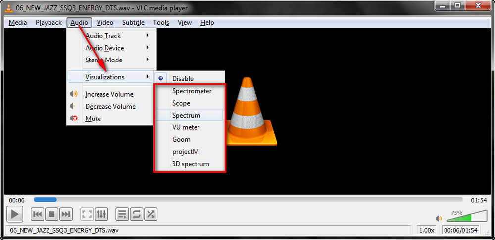 Turn on VLC Visualizations through Audio Menu