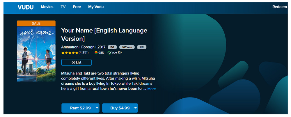 Kimi No Na Wa English Sub on Vudu 