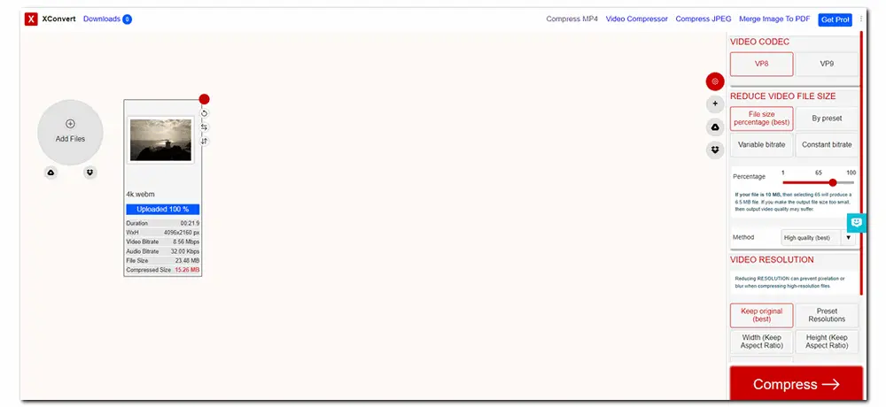 Compress WebM Online with XConvert