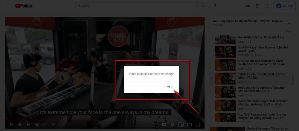 Youtube video online paused continue watching
