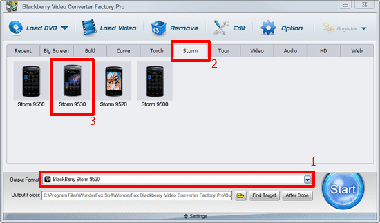 Set output format as BlackBerry 9530