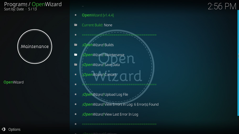 OpenWizard addon main menu